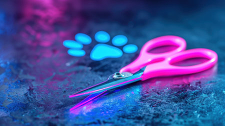 A bright and artistic close-up of pink scissors resting on a glossy surface, complemented by a stunning neon paw print design, perfect for pet-themed projects.の素材
