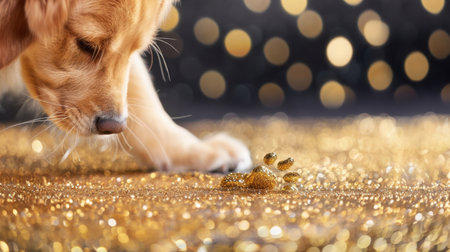 A charming golden retriever puppy curiously investigates sparkling glitter on a shimmering background filled with bokeh lights, exuding joy and playfulness.の素材