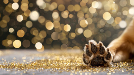 A stunning close-up of a dog paw resting on a surface covered with glitter, set against a vibrant bokeh background, perfect for holiday themes.の素材
