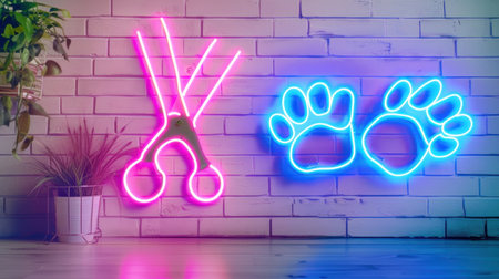 Colorful neon lights featuring scissors and paw prints adorn a brick wall in a pet grooming salon, creating a vibrant and friendly atmosphere for clients.の素材