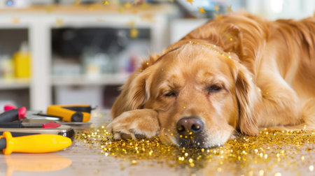 A golden retriever lies peacefully on a table adorned with bright glitter, surrounded by craft tools, capturing an adorable moment of relaxation and play.の素材