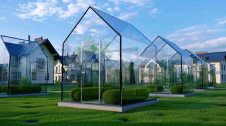 A captivating image of modern glass greenhouses set against a picturesque backdrop of contemporary houses, showcasing an eco-friendly approach to gardening and agriculture.の素材