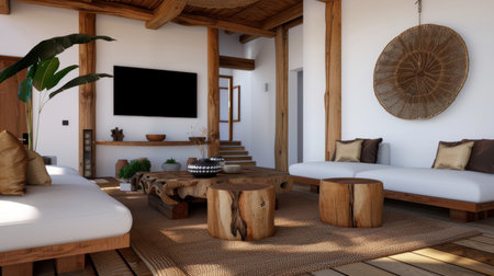 This image features a stylish living room with a rustic charm. Natural wood accents and minimalistic decor creates a cozy environment, perfect for relaxation.の素材
