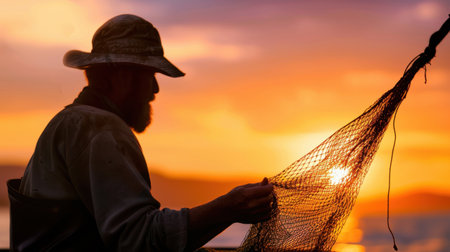 A serene silhouette of a fisherman holding a fishnet against a breathtaking sunset backdrop. The colorful sky reflects on the water, capturing a tranquil moment of outdoor life.の素材