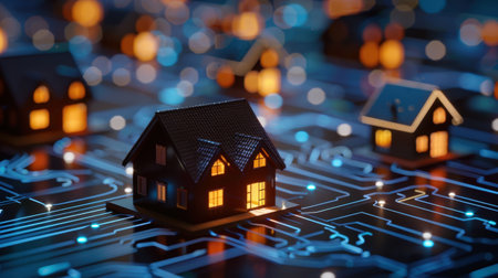 This stunning digital illustration showcases a unique concept of smart homes set against a vibrant circuit board design, embodying innovation and technology.の素材