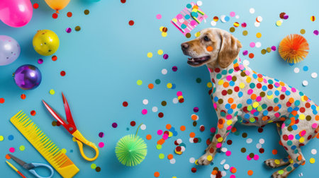 A delightful scene featuring a playful dog adorned with colorful confetti, surrounded by festive decorations on a bright blue surface, embodying the spirit of joy and celebration.の素材