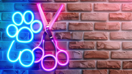 A vibrant neon display featuring a dog paw and scissors against a textured brick wall, perfect for pet grooming or animal care themes.の素材