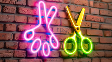 This vibrant image features neon scissors in colorful lights against a textured brick wall, perfect for creative projects and fashion inspiration.の素材