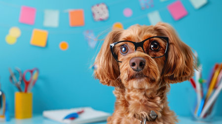 A charming dog wearing glasses sits in a vibrant office space filled with stationery and colorful decorations, radiating a sense of fun and creativity.の素材