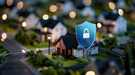 This image illustrates the concept of home security with a shield symbol placed above a model neighborhood, surrounded by soft bokeh lights, evoking safety and peace of mind.の素材