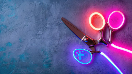 Vibrant neon scissors and pet grooming tools are arranged on a textured surface, creating a visually striking composition that enhances creative vibes.の素材