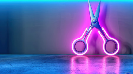 This image showcases a pair of scissors illuminated by vibrant neon lights, casting reflections on a smooth surface, creating a striking modern aesthetic.の素材