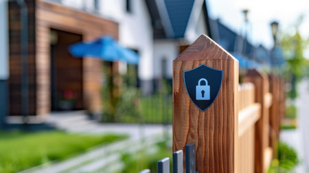 A close-up view of a wooden fence post features a padlock symbol, indicating security in a modern residential setting with bright greenery.の素材