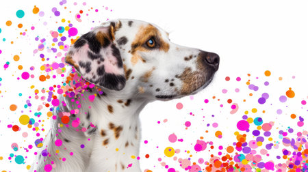 A charming portrait of a spotted dog surrounded by vibrant paint splashes, evoking a sense of joy, playfulness, and artistic flair in a bright setting.の素材