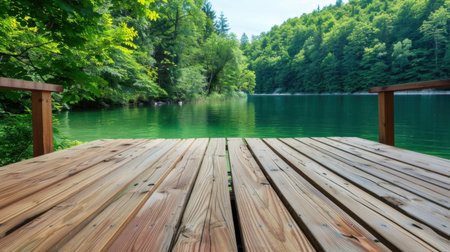 A serene wooden dock extends over a calm green lake, surrounded by vibrant trees and natural beauty, perfect for relaxation and escape into nature.の素材