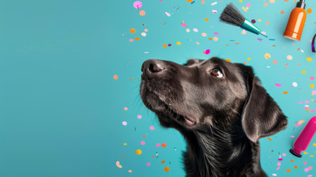 A joyful black lab gazes upwards amid colorful confetti and grooming tools, capturing the essence of fun and pet care in a bright blue setting.の素材