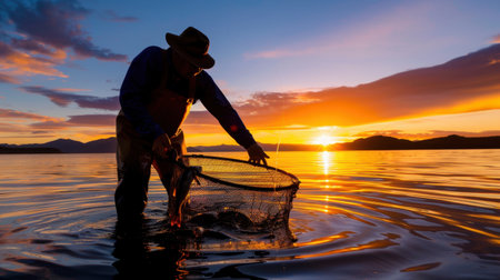 A solitary fisherman stands in tranquil water at sunset, skillfully gathering his catch as vibrant colors reflect on the surface, embodying nature's peace.の素材