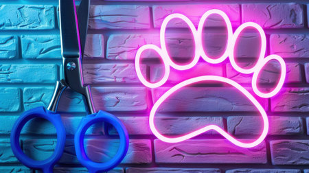 A vibrant neon paw print light glowing against a colorful brick wall, accompanied by a pair of blue scissors, perfect for pet lovers' cozy decor.の素材