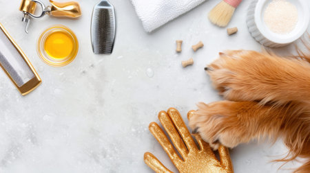 A vibrant and appealing scene showcasing essential pet grooming tools alongside adorable dog paws, perfect for pet care and grooming topics.の素材
