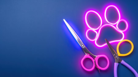 A vibrant and artistic composition featuring neon scissors and a glowing paw print, perfect for pet grooming promotions and creative projects.の素材