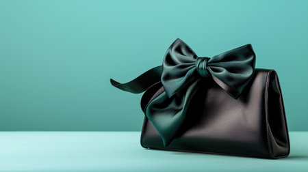 This image showcases an elegant black handbag adorned with a luxurious satin bow, set against a soft turquoise backdrop, embodying minimalist fashion style.の素材