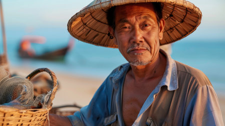 An elderly man sits by the beach wearing a straw hat, with fishing equipment surrounding him. His serious expression captures the essence of a traditional fishing lifestyle at sunset.の素材