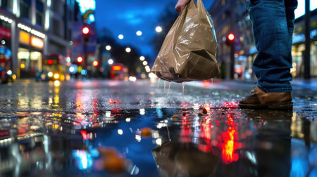 A captivating urban night scene featuring a person in jeans holding a shopping bag. Colorful city lights reflect on the wet pavement after rain, creating a vibrant atmosphere.の素材