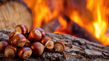 A beautiful arrangement of freshly harvested chestnuts resting on a rustic bark surface, with a warm and inviting fireplace blazing in the background.の素材