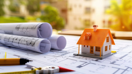 A vivid scene showcasing a miniature house model on an architectural blueprint with various drawing tools nearby. Perfect for design and construction themes.の素材