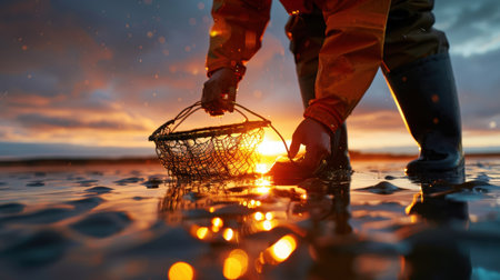 A fisherman kneels on the wet beach, gathering shellfish at sunset. The golden sky reflects on the water, creating a serene and captivating atmosphere.の素材