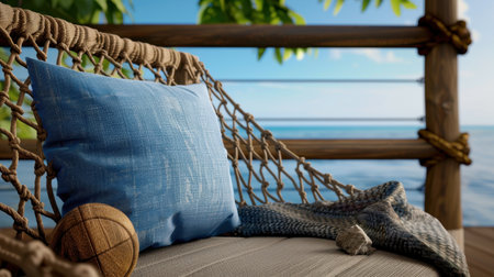 This image captures a cozy hammock adorned with a blue pillow and a soft blanket. Set against a serene sea and bright sky, it embodies relaxation and tranquility.の素材