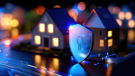 This captivating image showcases a digital security concept with a shield symbol in front of illuminated houses, emphasizing the importance of home safety in a technologically advanced world.の素材