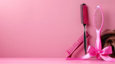 This image features a charming arrangement of pink hair combs and a ribbon against a soft pink backdrop, perfect for beauty and fashion presentations.の素材