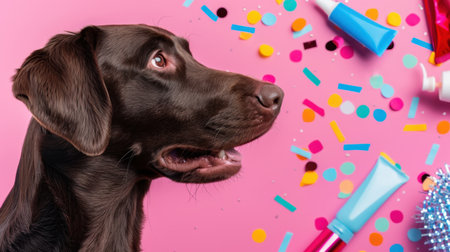 A joyful chocolate Labrador retriever poses against a bright pink background, surrounded by colorful confetti and party supplies, perfect for celebrations.の素材