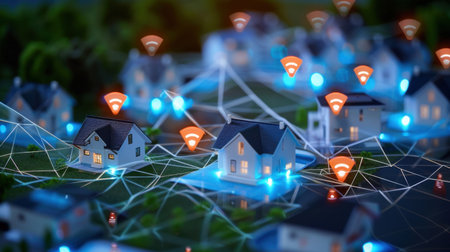 This image illustrates the concept of smart home technology, showcasing a network of connected houses enhanced by wireless signals and IoT devices, reflecting modern urban innovation.の素材