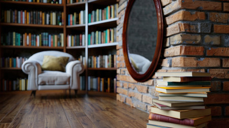 This inviting reading nook features a stylish armchair, a spacious bookshelf, and a reflective mirror, creating a serene atmosphere for literary exploration.の素材