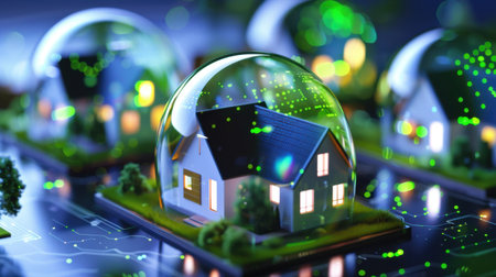 This stunning image depicts futuristic smart homes encapsulated in transparent domes, highlighting the integration of technology, security, and sustainability in modern living.の素材