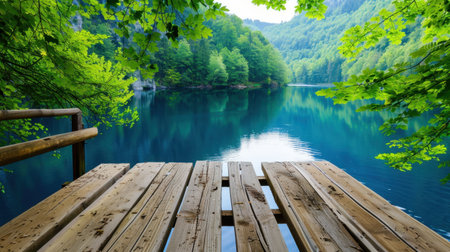 A picturesque wooden dock extends over calm waters, inviting visitors to experience the serene beauty of a lush green forest and majestic mountains.の素材