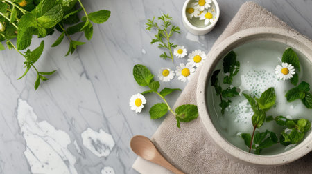 This serene composition showcases fresh mint and chamomile elegantly arranged in a stone bowl on a marble surface, embodying relaxation and wellness.の素材