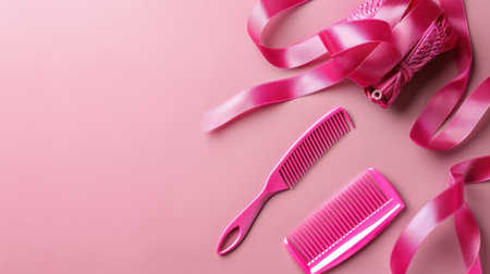 This image features bright pink hair accessories, including stylish combs and ribbons, arranged on a soft pink background, evoking a trendy and feminine vibe perfect for beauty themes.の素材