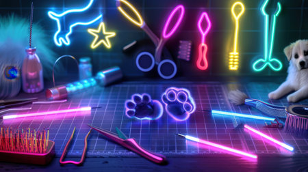 A vibrant scene showcasing an array of neon pet grooming tools, including scissors and brushes, alongside a playful puppy. Perfect for dog grooming themes.の素材