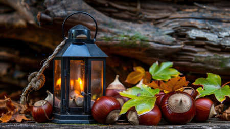 This charming autumn scene features a rustic lantern surrounded by acorns and vibrant leaves, creating a warm and inviting atmosphere perfect for seasonal decor.の素材