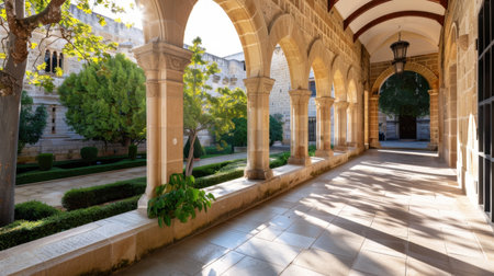 A stunning archway leads into a serene courtyard filled with lush greenery and historic stone architecture, creating a peaceful escape in sunlight.の素材