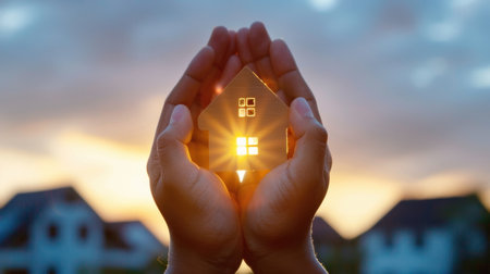 A vibrant image depicting hands gently cradling a small house illuminated by sunlight, representing hope and security against a stunning sunset backdrop.の素材