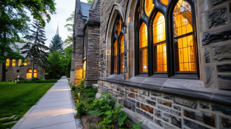 This image showcases stunning Gothic architecture with intricate stonework and warm illuminated windows, set in a serene and picturesque landscape.の素材
