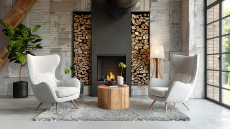 A modern living room featuring cozy armchairs flanking a decorative fireplace. The wood stack adds warmth, while plants enhance the inviting atmosphere.の素材