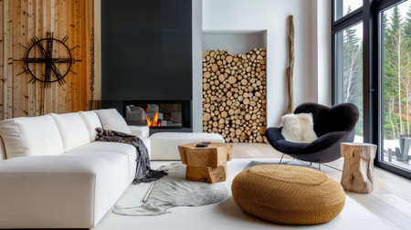 A beautifully designed modern living room featuring cozy furnishings, natural wood accents, and a stylish log storage area. Bright and spacious ambiance.の素材