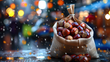 A rustic burlap bag filled with roasted chestnuts sits on a wet surface, with soft snowflakes falling amidst a vibrant market atmosphere, creating a cozy winter scene.の素材