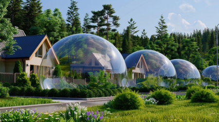 A captivating scene of modern houses protected by large transparent bubbles, showcasing innovative sustainable living nestled within lush greenery and towering trees.の素材