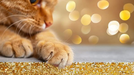 A charming close-up of a ginger cat's paw resting on a sparkling golden surface, showcasing detailed texture and warm bokeh lights in the background.の素材